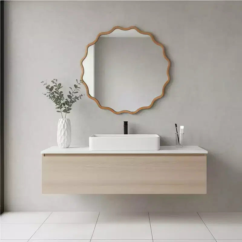 Miroir décoratif rond ondulé à cadre en bois de 76 cm pour chambre à coucher, salle de bain, salon, entrée, naturel