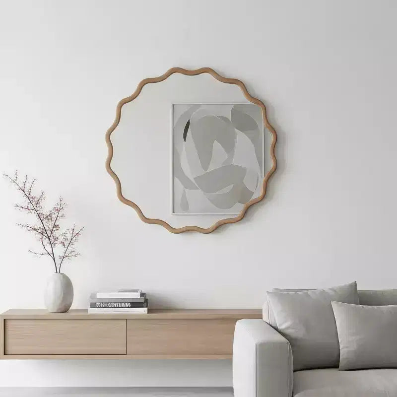 Miroir décoratif rond ondulé à cadre en bois de 76 cm pour chambre à coucher, salle de bain, salon, entrée, naturel