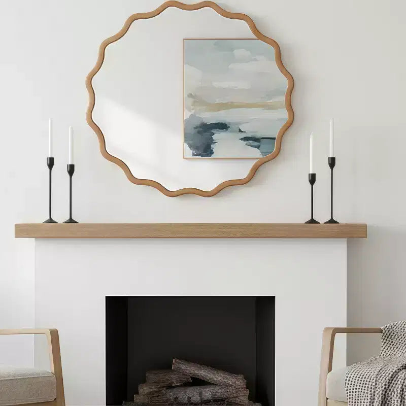Miroir décoratif rond ondulé à cadre en bois de 76 cm pour chambre à coucher, salle de bain, salon, entrée, naturel