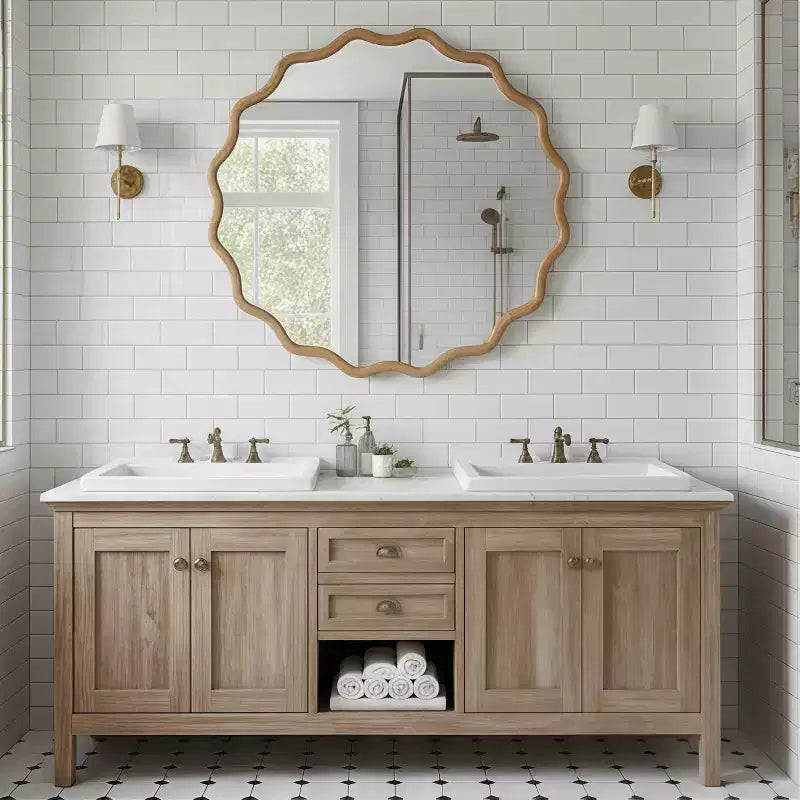 Miroir décoratif rond ondulé à cadre en bois de 76 cm pour chambre à coucher, salle de bain, salon, entrée, naturel