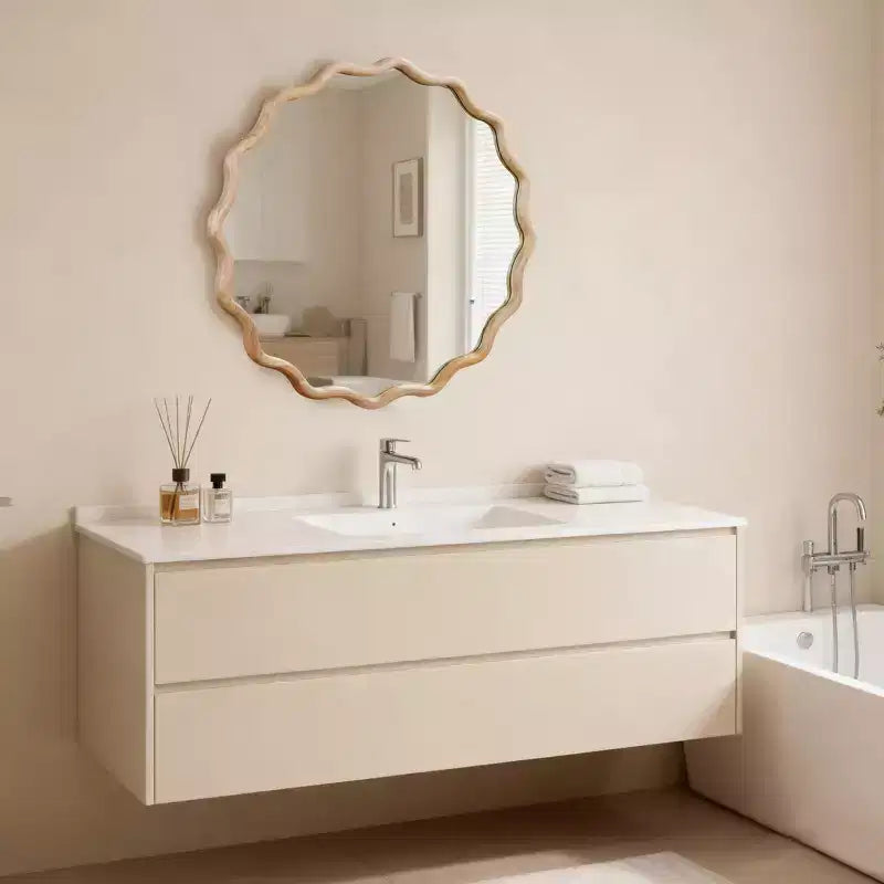 Miroir décoratif rond ondulé à cadre en bois de 76 cm pour chambre à coucher, salle de bain, salon, entrée, naturel