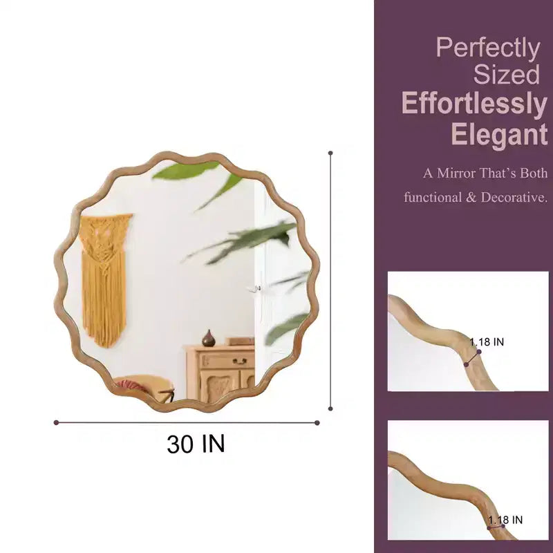 Miroir décoratif rond ondulé à cadre en bois de 76 cm pour chambre à coucher, salle de bain, salon, entrée, naturel