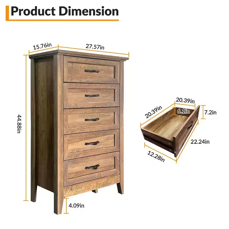 Commode à 5 tiroirs pour chambre à coucher, commode haute rustique en bois, commode de ferme avec organisateur de rangement