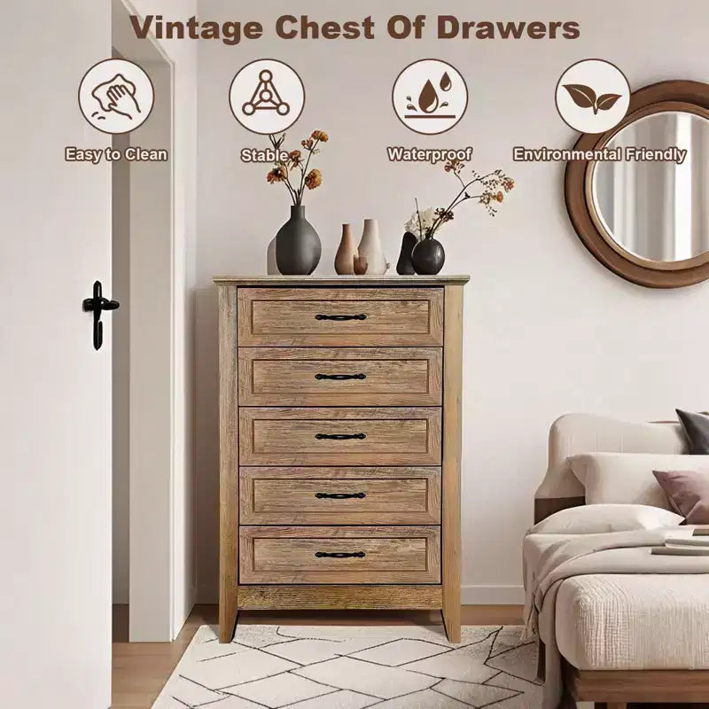 Commode à 5 tiroirs pour chambre à coucher, commode haute rustique en bois, commode de ferme avec organisateur de rangement