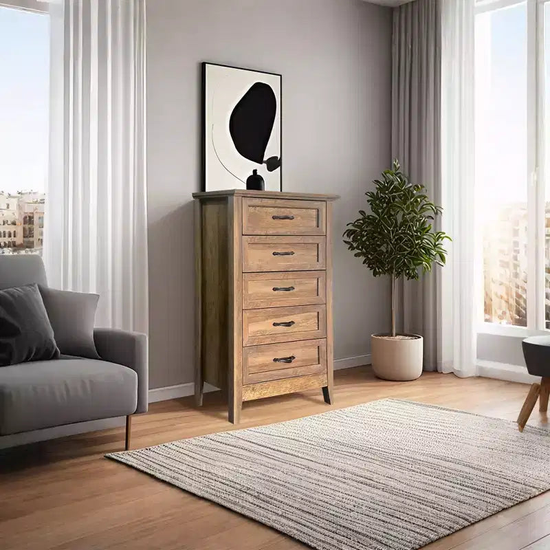 Commode à 5 tiroirs pour chambre à coucher, commode haute rustique en bois, commode de ferme avec organisateur de rangement