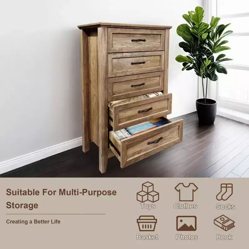 Commode à 5 tiroirs pour chambre à coucher, commode haute rustique en bois, commode de ferme avec organisateur de rangement