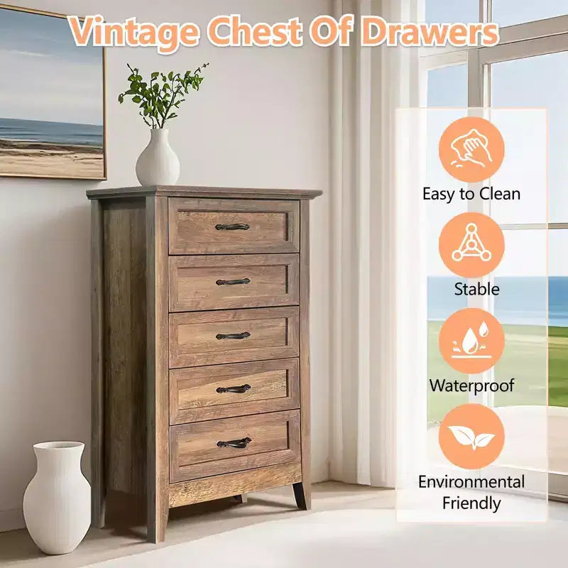 Commode à 5 tiroirs pour chambre à coucher, commode haute rustique en bois, commode de ferme avec organisateur de rangement