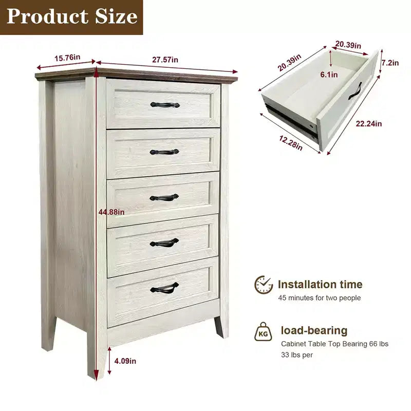Commode à 5 tiroirs pour chambre à coucher, commode haute rustique en bois, commode de ferme avec organisateur de rangement