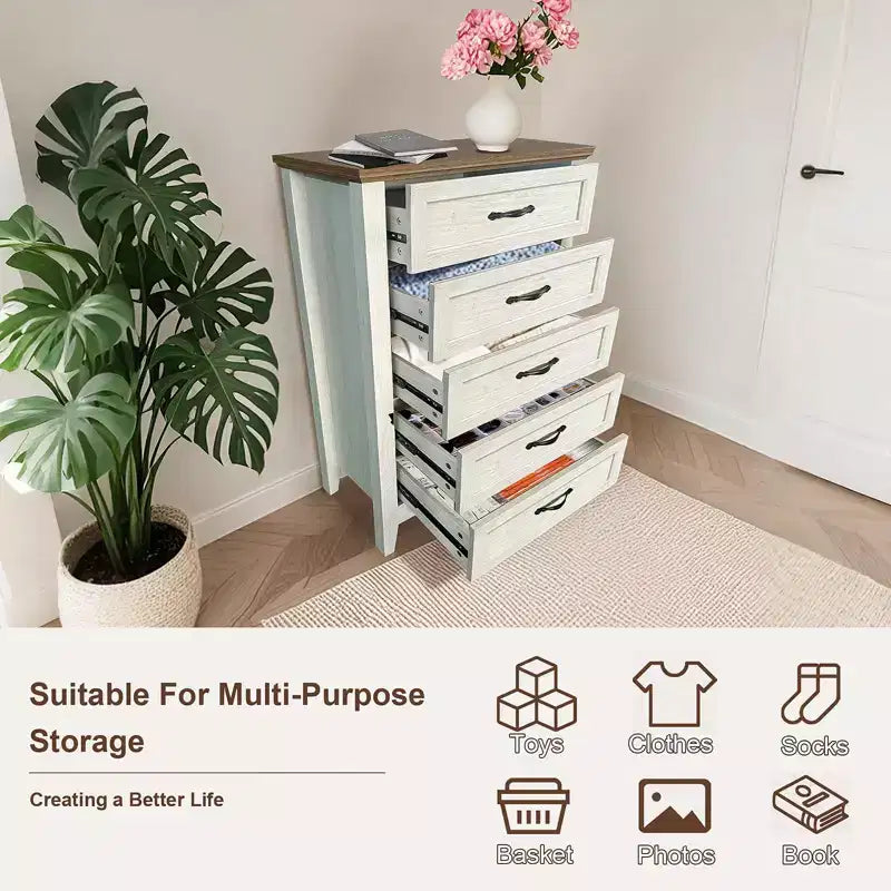 Commode à 5 tiroirs pour chambre à coucher, commode haute rustique en bois, commode de ferme avec organisateur de rangement