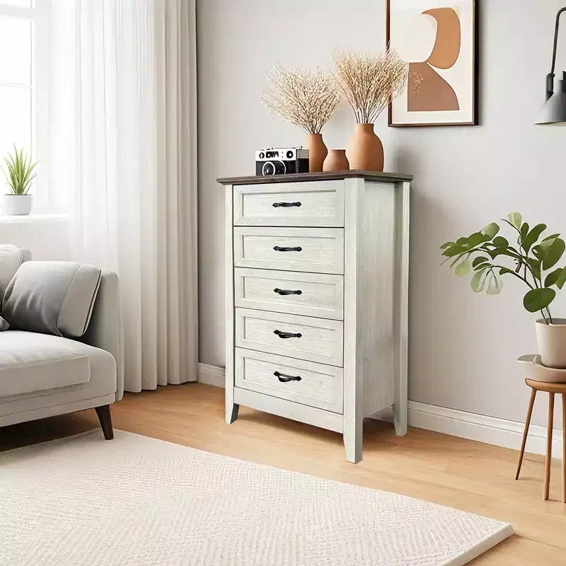 Commode à 5 tiroirs pour chambre à coucher, commode haute rustique en bois, commode de ferme avec organisateur de rangement