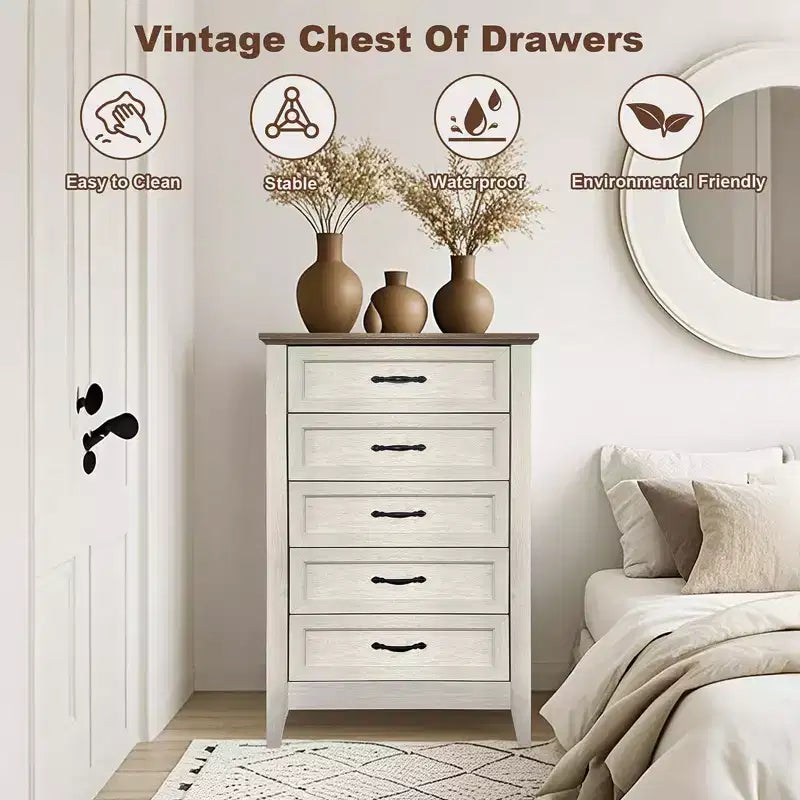 Commode à 5 tiroirs pour chambre à coucher, commode haute rustique en bois, commode de ferme avec organisateur de rangement
