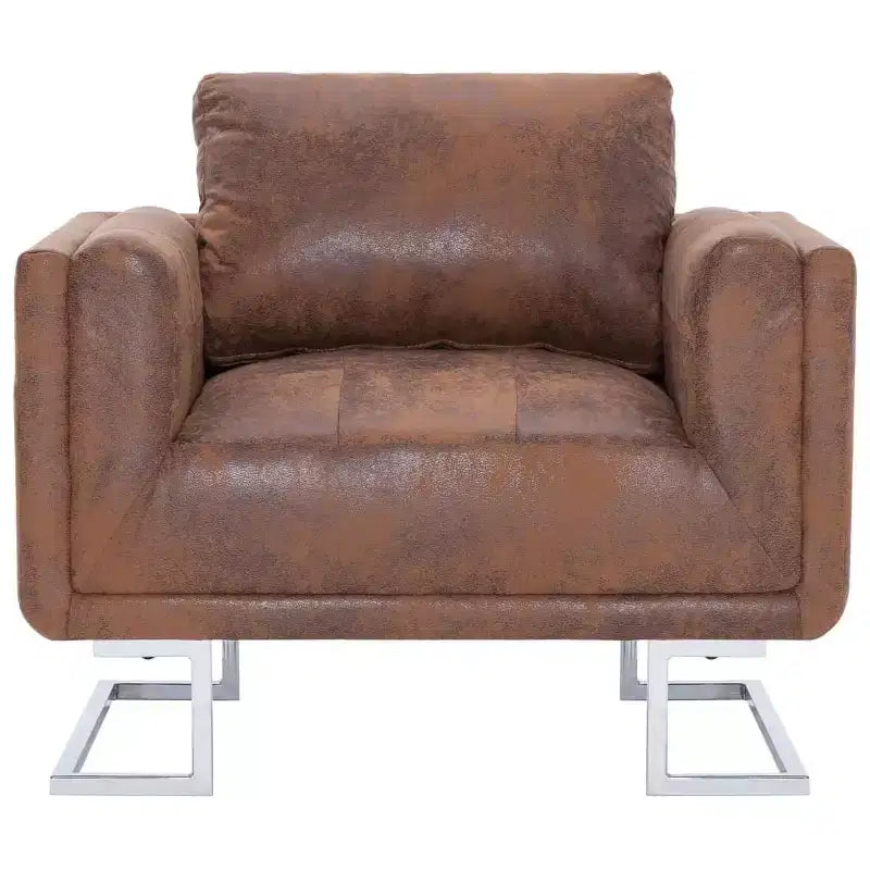 Fauteuil Cube - Revêtement en similicuir suède marron, Design ergonomique, Cadre en bois robuste, Pieds chromés élégants, Assise confortable