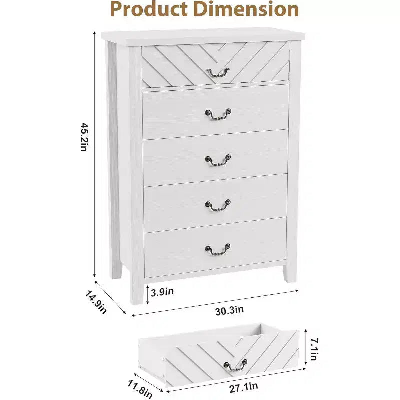 Commode de Ferme à 5 Tiroirs, Armoire de Rangement Verticale Haute de 45 po avec Façades de Tiroirs Géométriques pour Chambre à Coucher, Placard, Entrée