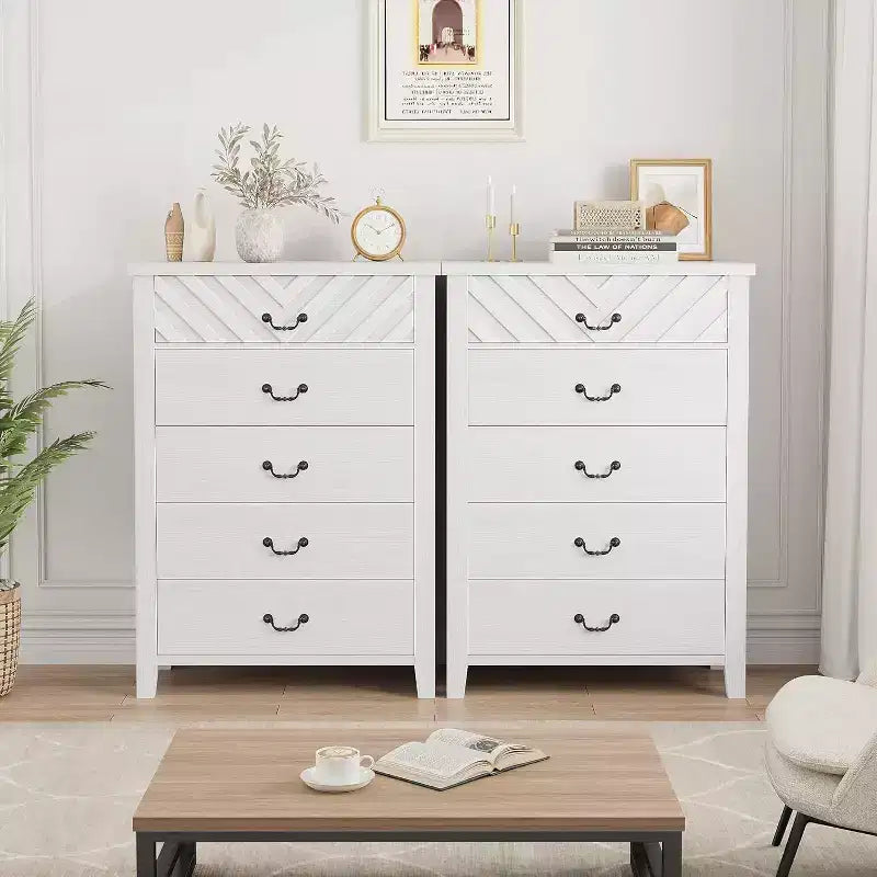Commode de Ferme à 5 Tiroirs, Armoire de Rangement Verticale Haute de 45 po avec Façades de Tiroirs Géométriques pour Chambre à Coucher, Placard, Entrée