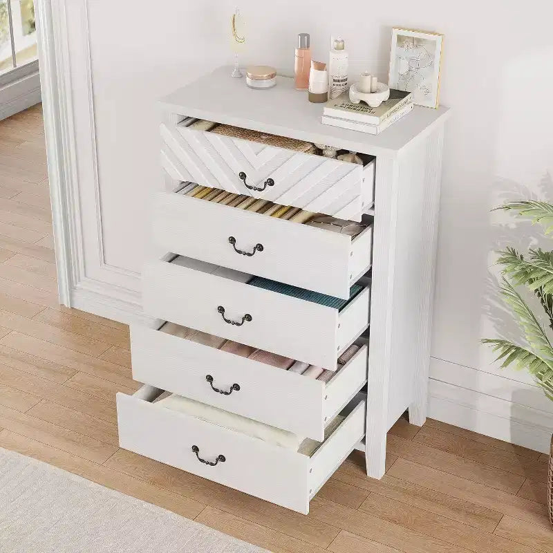 Commode de Ferme à 5 Tiroirs, Armoire de Rangement Verticale Haute de 45 po avec Façades de Tiroirs Géométriques pour Chambre à Coucher, Placard, Entrée