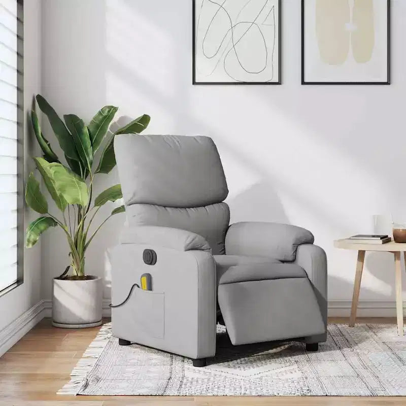Fauteuil inclinable de massage électrique gris clair, fauteuil de relaxation réglable avec massage vibrant, poche latérale, confort en tissu