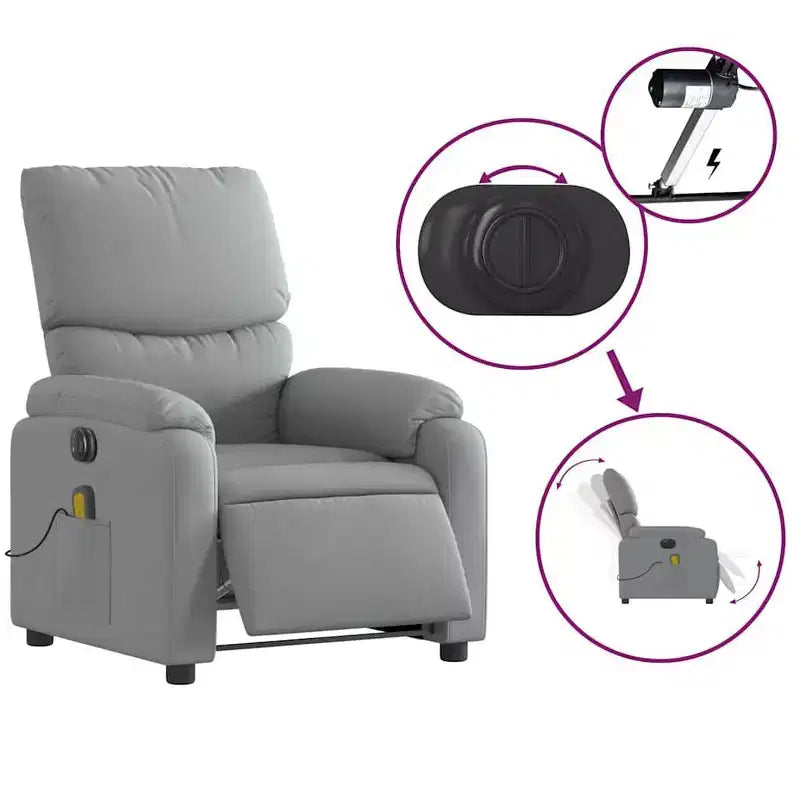 Fauteuil inclinable de massage électrique gris clair, fauteuil de relaxation réglable avec massage vibrant, poche latérale, confort en tissu
