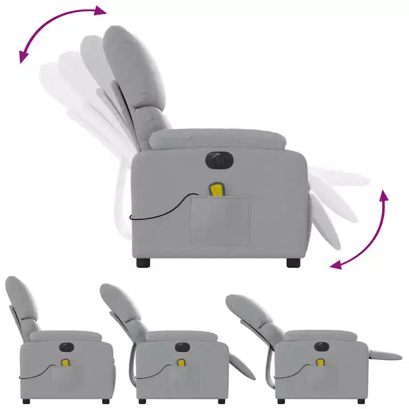Fauteuil inclinable de massage électrique gris clair, fauteuil de relaxation réglable avec massage vibrant, poche latérale, confort en tissu