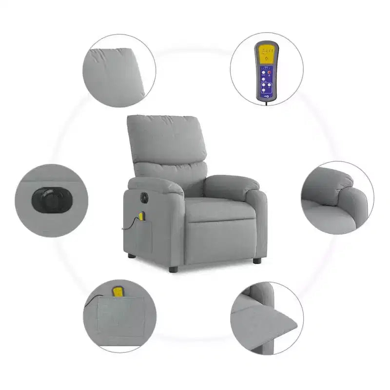 Fauteuil inclinable de massage électrique gris clair, fauteuil de relaxation réglable avec massage vibrant, poche latérale, confort en tissu
