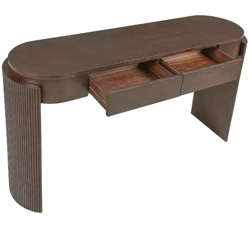 Console d'entrée en bois naturel avec plateau ovale et 2 tiroirs, motif rainuré, adaptée au salon, finition marron expresso