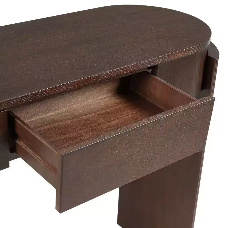 Console d'entrée en bois naturel avec plateau ovale et 2 tiroirs, motif rainuré, adaptée au salon, finition marron expresso