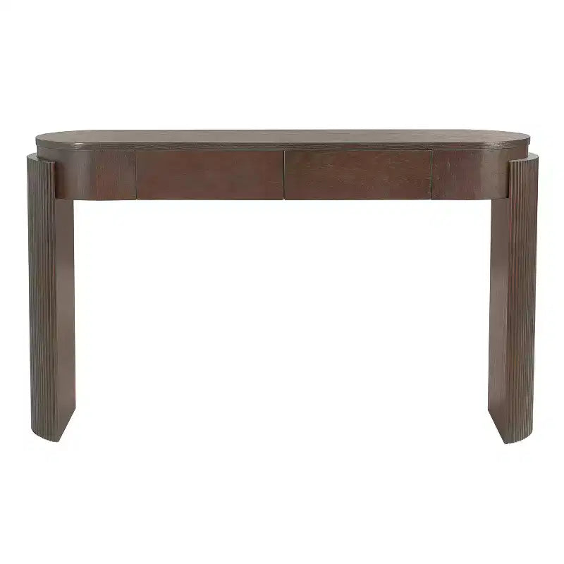Console d'entrée en bois naturel avec plateau ovale et 2 tiroirs, motif rainuré, adaptée au salon, finition marron expresso