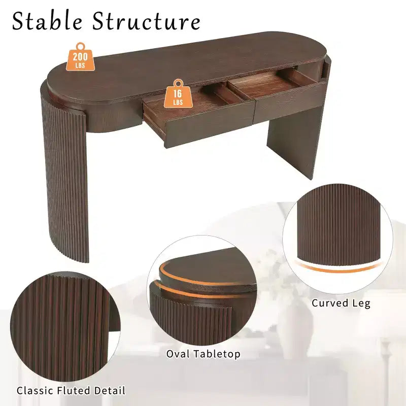 Console d'entrée en bois naturel avec plateau ovale et 2 tiroirs, motif rainuré, adaptée au salon, finition marron expresso