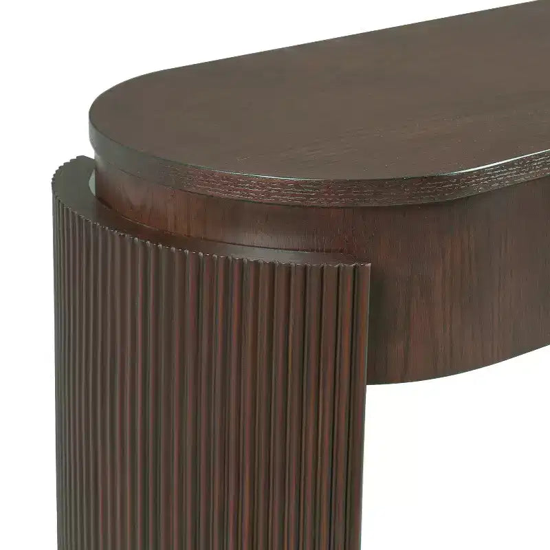 Console d'entrée en bois naturel avec plateau ovale et 2 tiroirs, motif rainuré, adaptée au salon, finition marron expresso