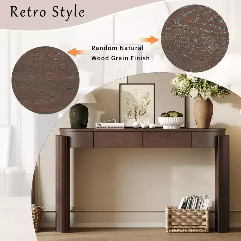 Console d'entrée en bois naturel avec plateau ovale et 2 tiroirs, motif rainuré, adaptée au salon, finition marron expresso