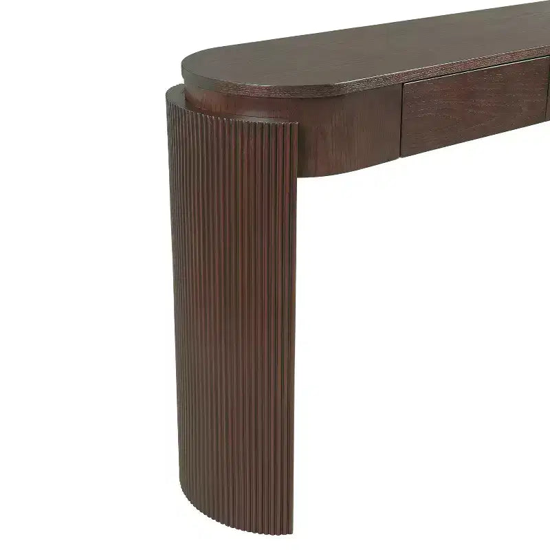 Console d'entrée en bois naturel avec plateau ovale et 2 tiroirs, motif rainuré, adaptée au salon, finition marron expresso