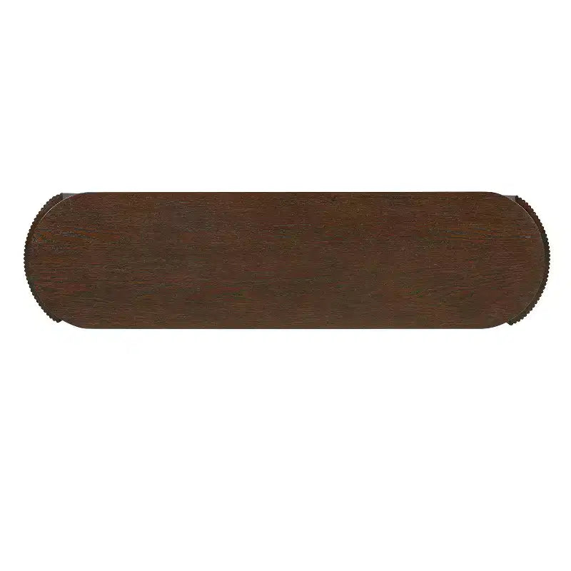 Console d'entrée en bois naturel avec plateau ovale et 2 tiroirs, motif rainuré, adaptée au salon, finition marron expresso