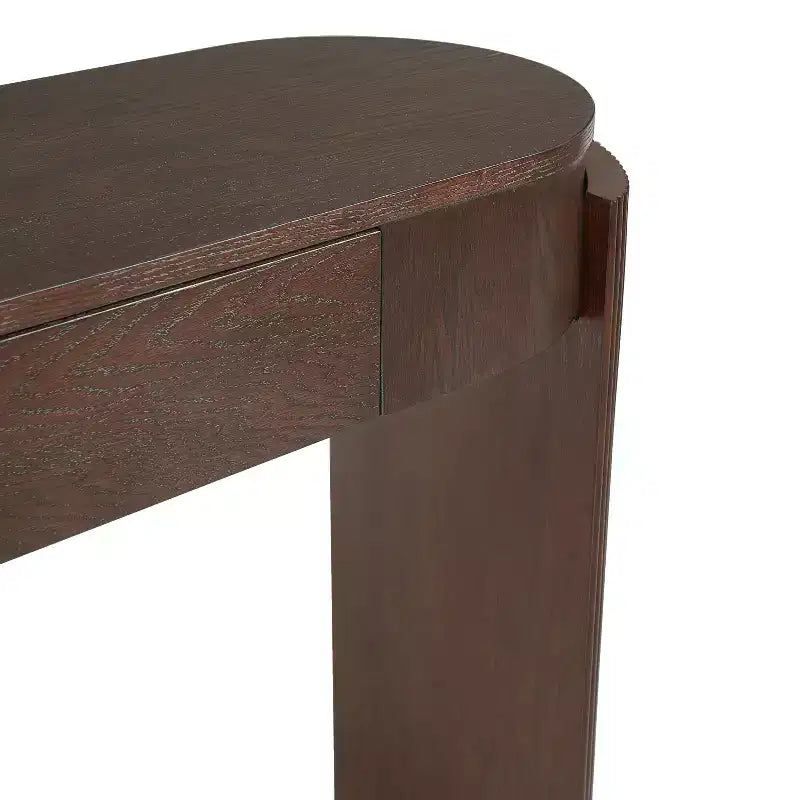Console d'entrée en bois naturel avec plateau ovale et 2 tiroirs, motif rainuré, adaptée au salon, finition marron expresso