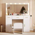 Vanity Desk with Mirror and Lights, Large Makeup Vanity Table with Power Outlet and Stool, 3 Lighting Modes Adjustable Brightness