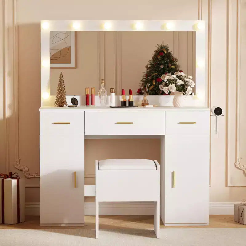 Vanity Desk with Mirror and Lights, Large Makeup Vanity Table with Power Outlet and Stool, 3 Lighting Modes Adjustable Brightness