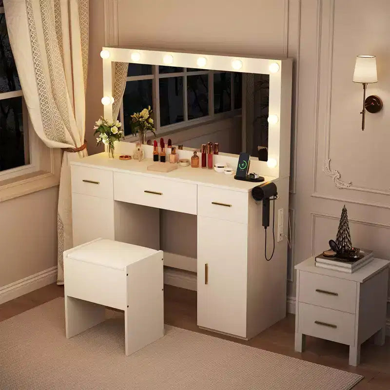 Coiffeuse avec miroir et lumières, grande table de maquillage avec prise de courant et tabouret, 3 modes d'éclairage et luminosité réglable
