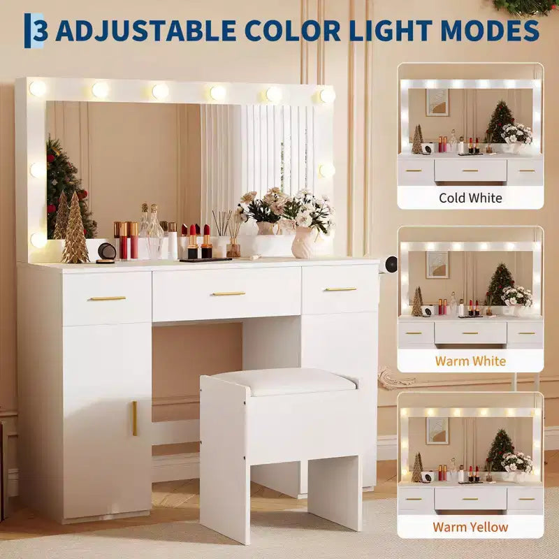 Coiffeuse avec miroir et lumières, grande table de maquillage avec prise de courant et tabouret, 3 modes d'éclairage et luminosité réglable