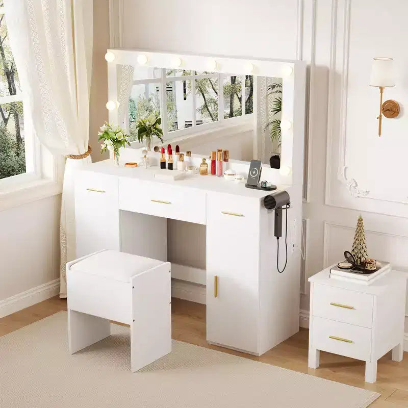 Coiffeuse avec miroir et lumières, grande table de maquillage avec prise de courant et tabouret, 3 modes d'éclairage et luminosité réglable