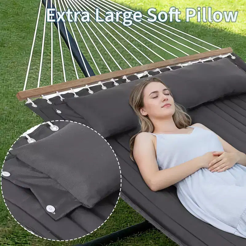 Double hamac avec support pour 2 adultes C Robuste, portable, lit de hamac en tissu matelassé C Autoportant pour terrasse extérieure, jardin, pelouse ou camping
