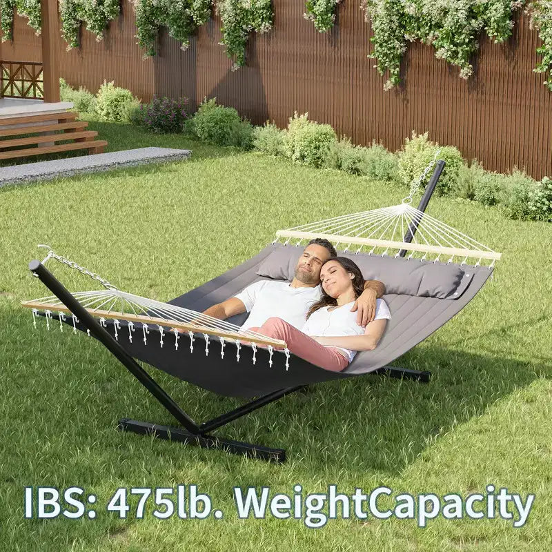 Double hamac avec support pour 2 adultes C Robuste, portable, lit de hamac en tissu matelassé C Autoportant pour terrasse extérieure, jardin, pelouse ou camping