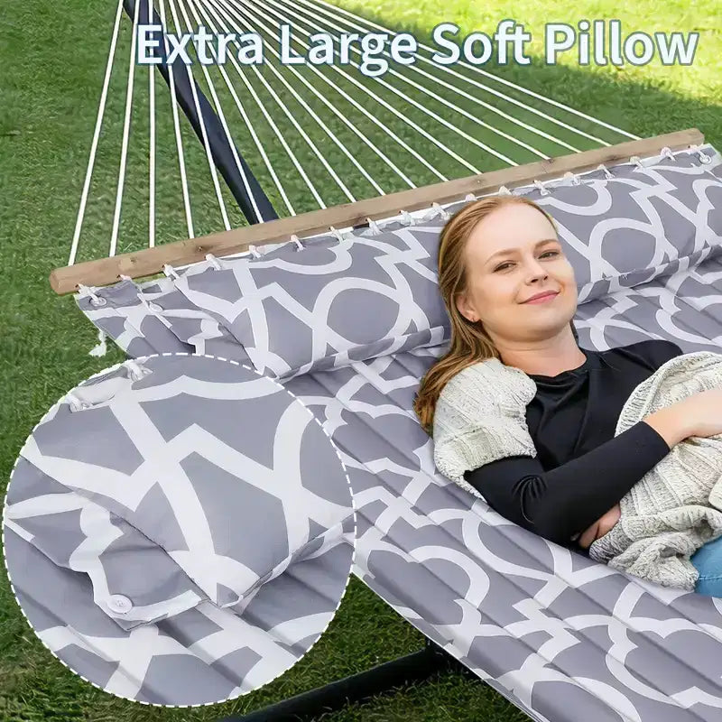 Double hamac avec support pour 2 adultes C Robuste, portable, lit de hamac en tissu matelassé C Autoportant pour terrasse extérieure, jardin, pelouse ou camping