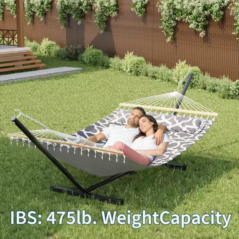 Double hamac avec support pour 2 adultes C Robuste, portable, lit de hamac en tissu matelassé C Autoportant pour terrasse extérieure, jardin, pelouse ou camping