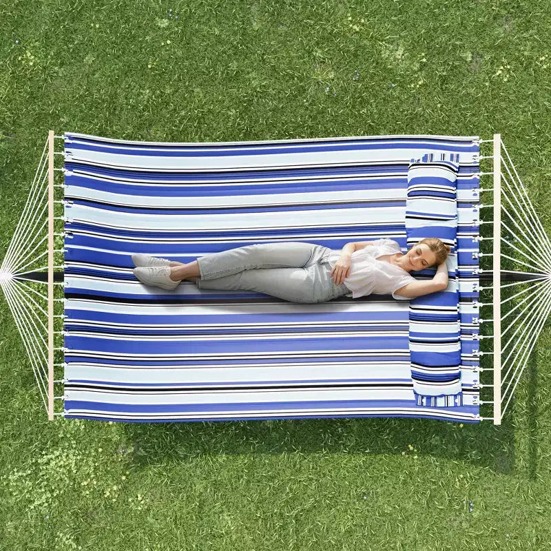 Double hamac avec support pour 2 adultes C Robuste, portable, lit de hamac en tissu matelassé C Autoportant pour terrasse extérieure, jardin, pelouse ou camping
