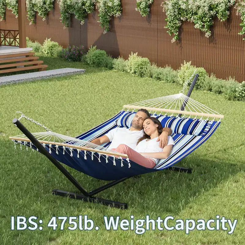 Double hamac avec support pour 2 adultes C Robuste, portable, lit de hamac en tissu matelassé C Autoportant pour terrasse extérieure, jardin, pelouse ou camping