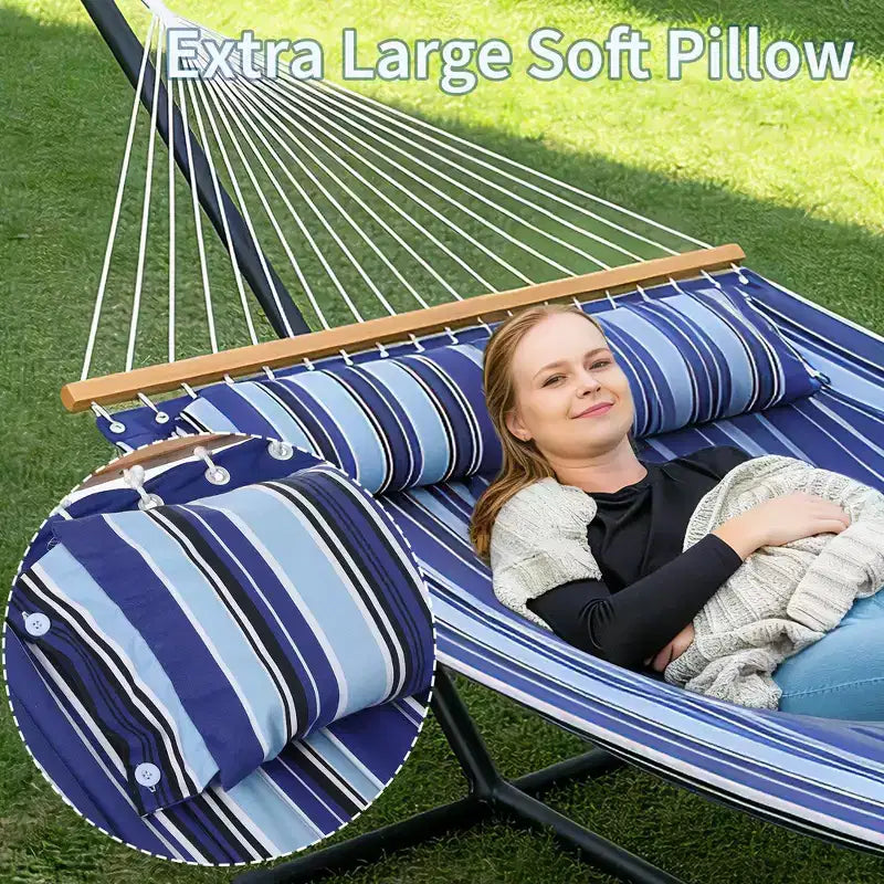 Double hamac avec support pour 2 adultes C Robuste, portable, lit de hamac en tissu matelassé C Autoportant pour terrasse extérieure, jardin, pelouse ou camping