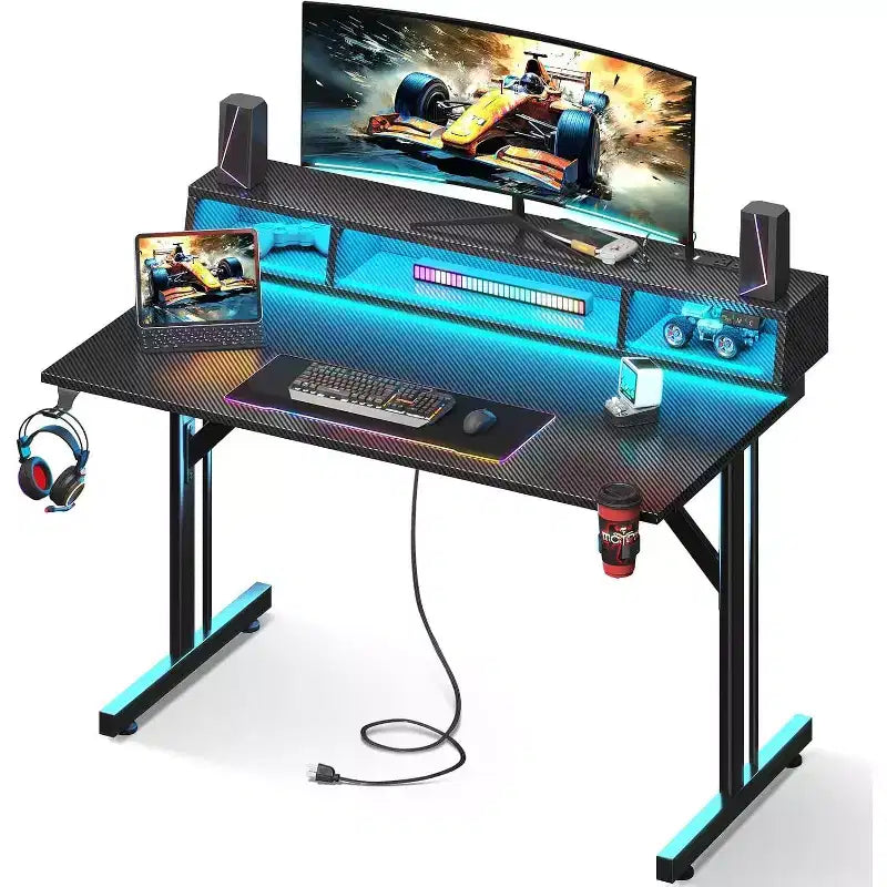 BALHAM TRADE-40 inch LED Gaming Desk with Power Outlets Small Computer Table Float Monitor Stand