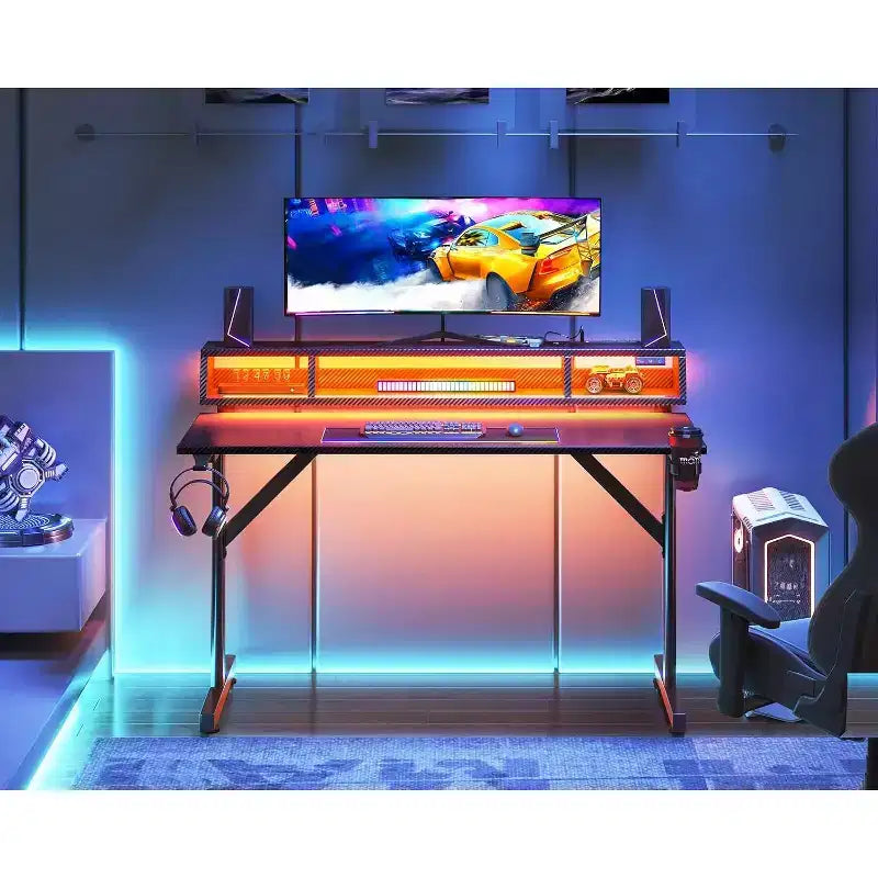 -Bureau de jeu LED de 40 pouces avec prises de courant, petite table d'ordinateur, support de moniteur flottant