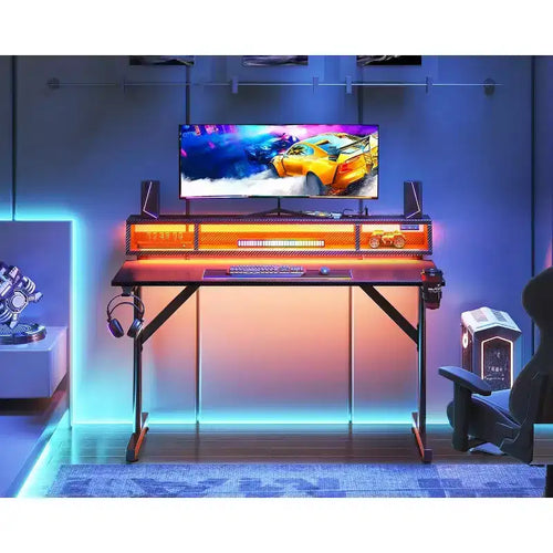 -Bureau de jeu LED de 40 pouces avec prises de courant, petite table d'ordinateur, support de moniteur flottant