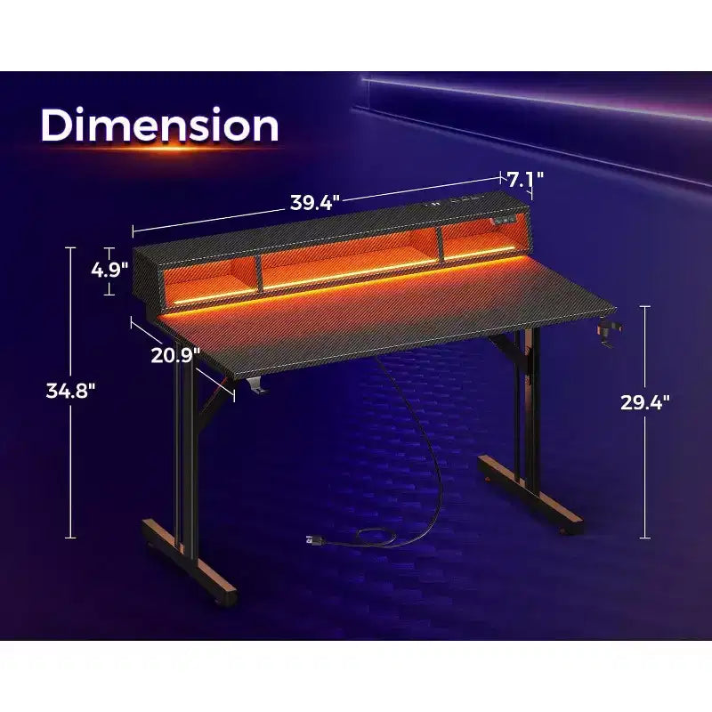 -Bureau de jeu LED de 40 pouces avec prises de courant, petite table d'ordinateur, support de moniteur flottant