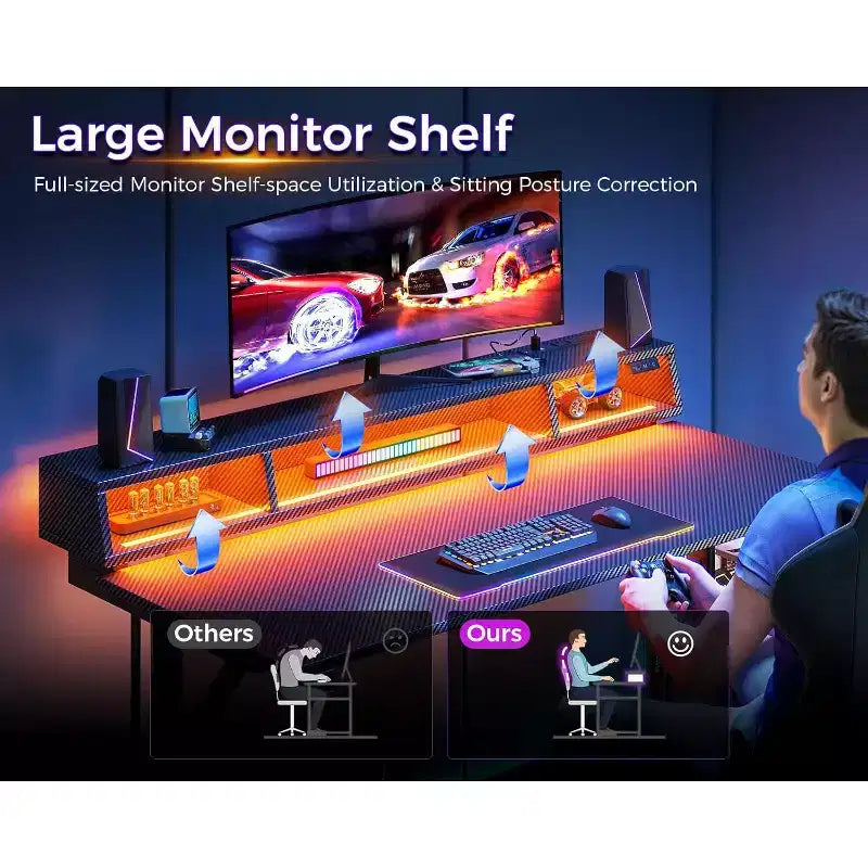 -Bureau de jeu LED de 40 pouces avec prises de courant, petite table d'ordinateur, support de moniteur flottant