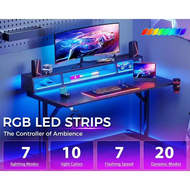-Bureau de jeu LED de 40 pouces avec prises de courant, petite table d'ordinateur, support de moniteur flottant